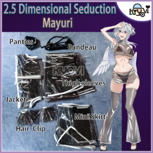 The Mayuri cosplay set featuring a TPU swimsuit under transparent sheer dresses and leg sleeves, with a large wing accessory.