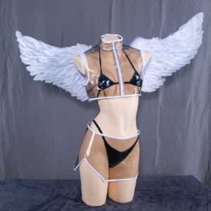 The Mayuri cosplay set featuring a TPU swimsuit under transparent sheer dresses and leg sleeves, with a large wing accessory.