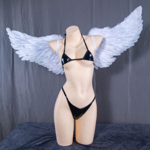 The Mayuri cosplay set featuring a TPU swimsuit under transparent sheer dresses and leg sleeves, with a large wing accessory.