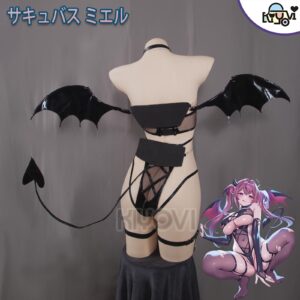Complete black succubus cosplay outfit with detachable wings and tail, made of stretch PU leather and mesh fabric.