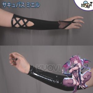 Complete black succubus cosplay outfit with detachable wings and tail, made of stretch PU leather and mesh fabric.